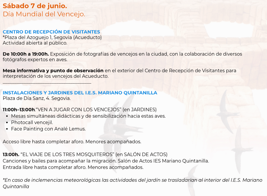 Programa festival de vencejos segovia dia 7 de junio