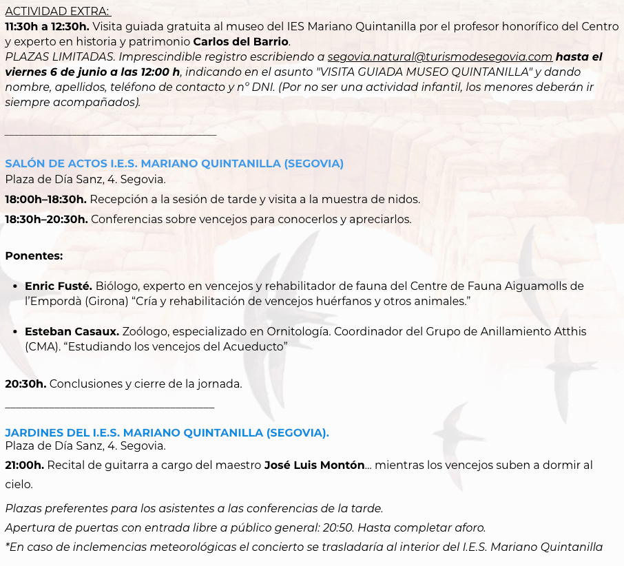 Programa festival de vencejos segovia dia 7 de junio
